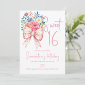 Invitation Coquette Bow rose Moderne Floral Sweet 16 Annivers (Debout devant)