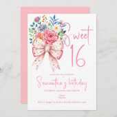 Invitation Coquette Bow rose Moderne Floral Sweet 16 Annivers (Devant / Derrière)