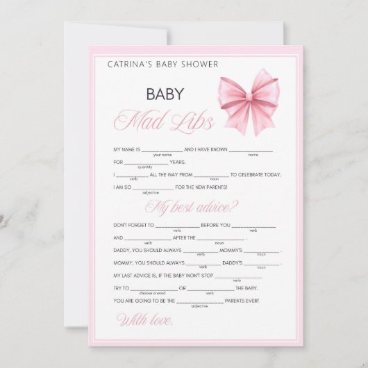 Invitation Coquette Bow rose - Nom modifiable, 5x7 (Devant)