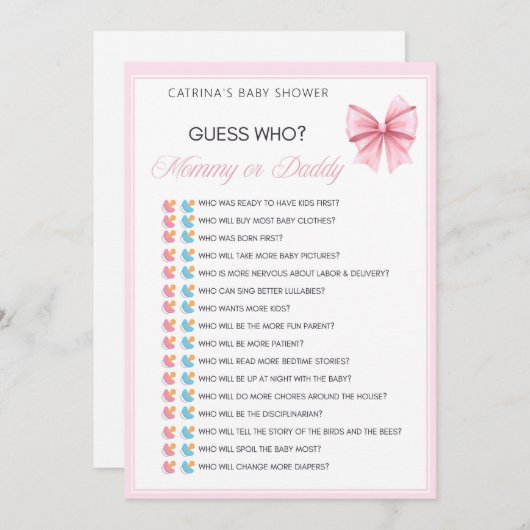 Invitation Coquette Bow rose - Nom modifiable, 5x7 (Devant / Derrière)