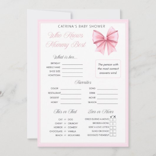 Invitation Coquette Bow rose - Nom modifiable, 5x7 (Devant)