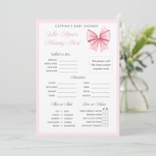 Invitation Coquette Bow rose - Nom modifiable, 5x7 (Debout devant)