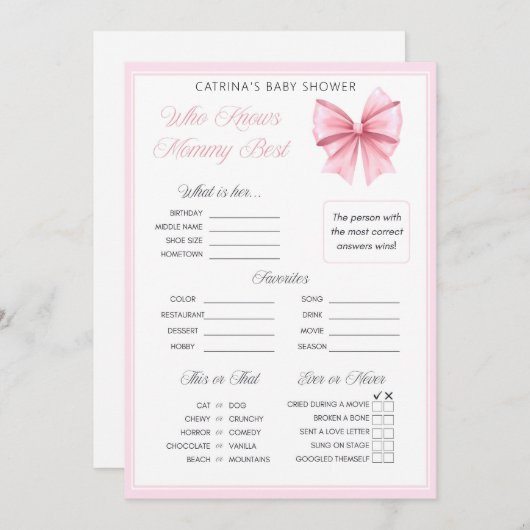 Invitation Coquette Bow rose - Nom modifiable, 5x7 (Devant / Derrière)