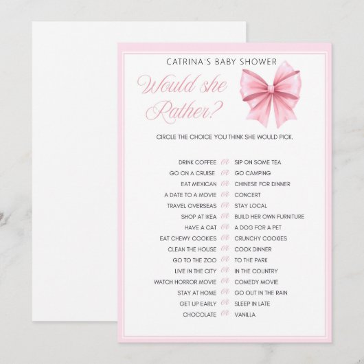 Invitation Coquette Bow rose - Nom modifiable, 5x7 (Devant / Derrière)