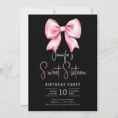 Invitation Coquette Bow rose pâle Script Sweet 16 noir (Devant)