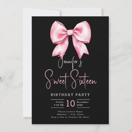 Invitation Coquette Bow rose pâle Script Sweet 16 noir (Devant)