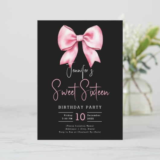 Invitation Coquette Bow rose pâle Script Sweet 16 noir (Debout devant)