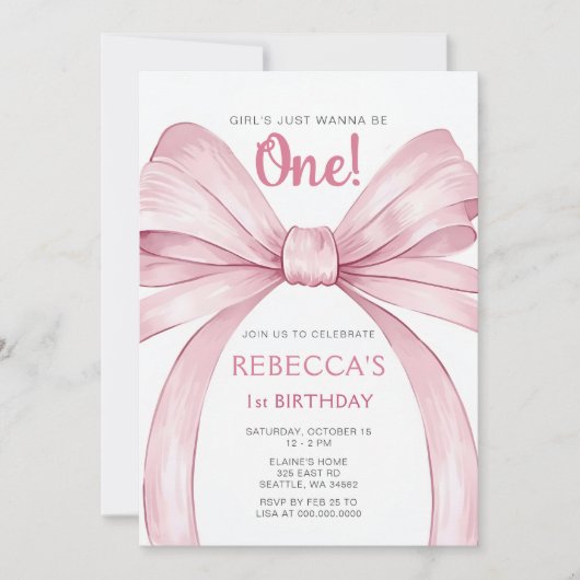 Invitation Coquette Bow rose Premier anniversaire (Devant)