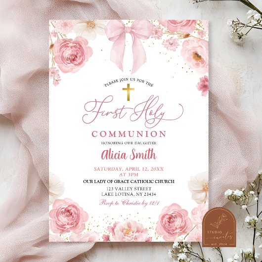 Invitation Coquette Bow rose Première communion sainte