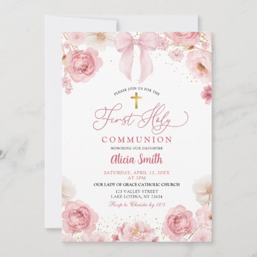 Invitation Coquette Bow rose Première communion sainte (Devant)