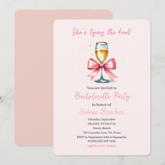 Invitation Coquette Bow rose Procuco Bachelorette (Devant / Derrière)