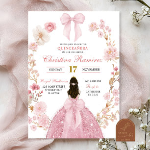 Invitation Coquette Bow rose Quinceanera fleurie princesse