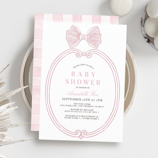 Invitation Coquette Bow rose Ribbon Frame Baby shower fille
