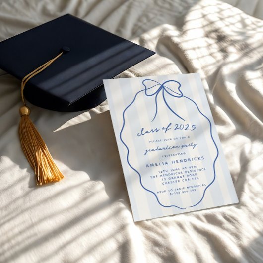 Invitation Coquette Bow & Stripes Blue Graduation Party Photo