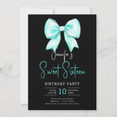 Invitation Coquette Bow Turquoise Script Sweet 16 Noir (Devant)