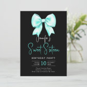 Invitation Coquette Bow Turquoise Script Sweet 16 Noir (Debout devant)