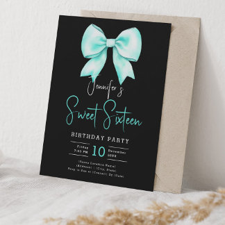 Invitation Coquette Bow Turquoise Script Sweet 16 Noir