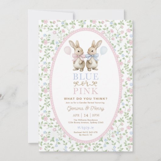 Invitation Coquette Bunny Blue or Pink Gender Reveal (Devant)