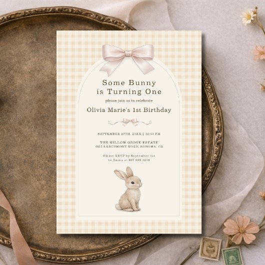 Invitation Coquette Bunny Gingham 1st Birthday