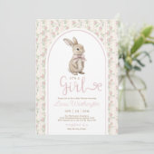 Invitation Coquette Bunny Pink Bow Roses Girl Baby Shower (Debout devant)