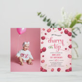 Invitation Coquette Cerise sur le Top 1er Anniversaire Photo (Debout devant)