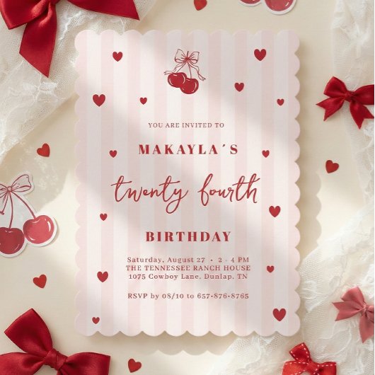 Invitation Coquette Cherry 24th Heart Aesthetic Birthday
