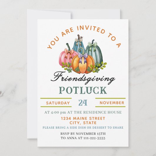 Invitation Coquette Citrouille Friendsgiving Potluck Invitati (Devant)