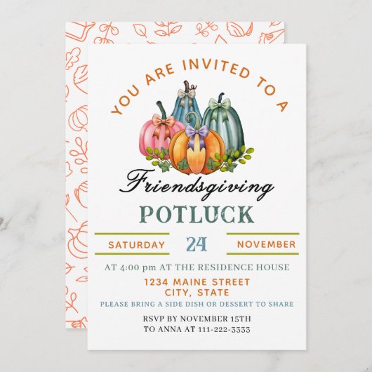 Invitation Coquette Citrouille Friendsgiving Potluck Invitati (Devant / Derrière)