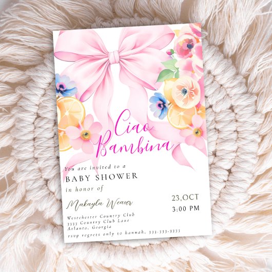 Invitation Coquette Citrus Bow rose Baby shower citron