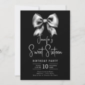 Invitation Coquette Cute Bow Script Sweet 16 Party Noir (Devant)