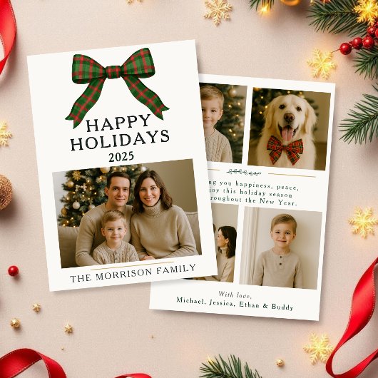 Invitation Coquette de Noël Plaid 5 Photo Holiday Flat Card