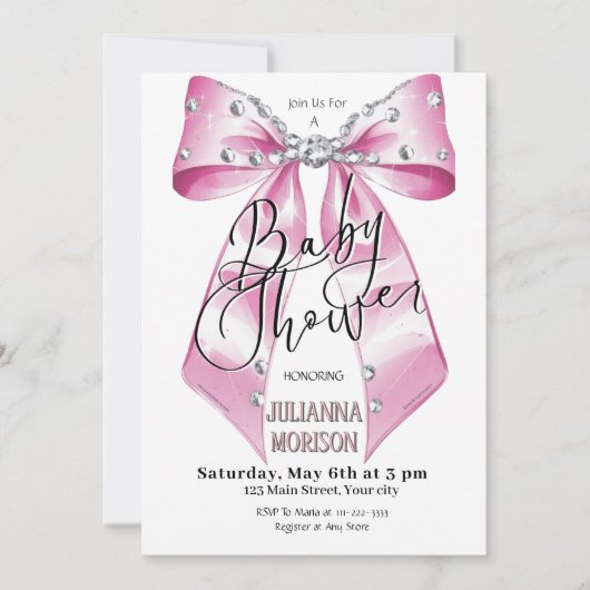Invitation Coquette Diamant Rose Bow Baby shower fille (Devant)