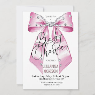 Invitation Coquette Diamant Rose Bow Baby shower fille