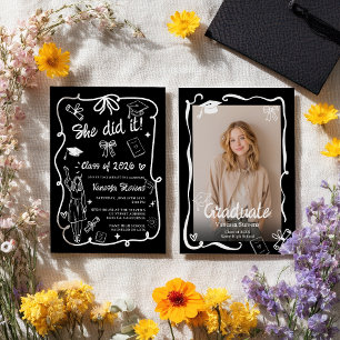 Invitation Coquette Doodles photo remise de diplôme blanc noi