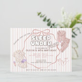 Invitation Coquette dormir sous la fête rose rayures annivers (Debout devant)