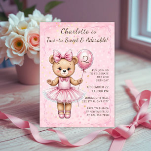 Invitation Coquette Douce Deux Tu Ballerina Bear Anniversaire