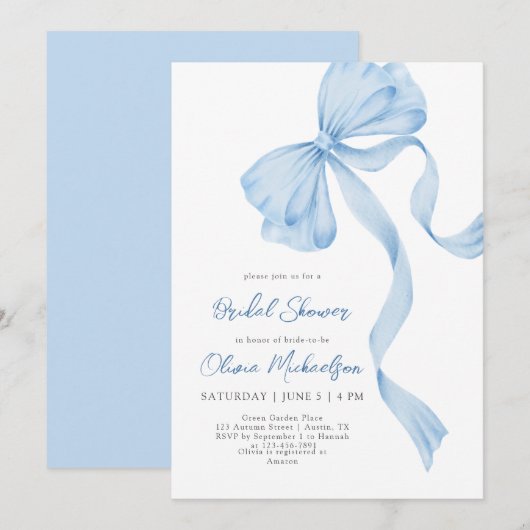 Invitation Coquette Dusty Blue Bow Ribbon Fête des mariées (Devant / Derrière)