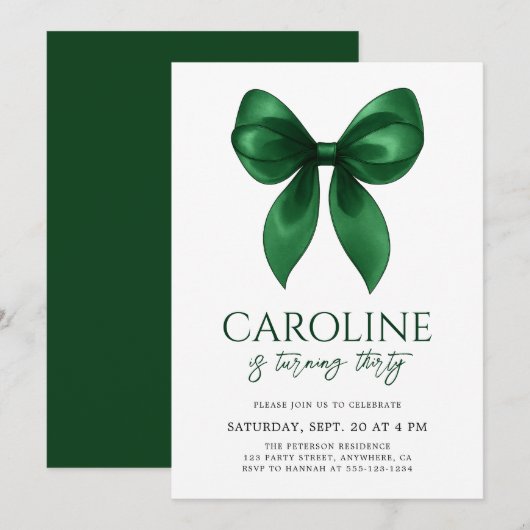 Invitation Coquette Elegant Emerald Bow Adult Birthday Party (Devant / Derrière)