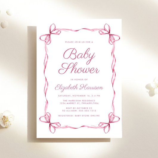 Invitation Coquette Élégante Bows Rose Baby Girl Douche