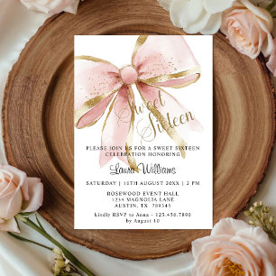 Invitation Coquette Élégante Rose & Nœud Doré Sweet Sixteen