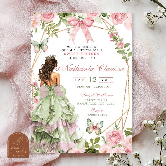 Invitation Coquette Enchanted Forest Sage Blush Pink Sweet 16