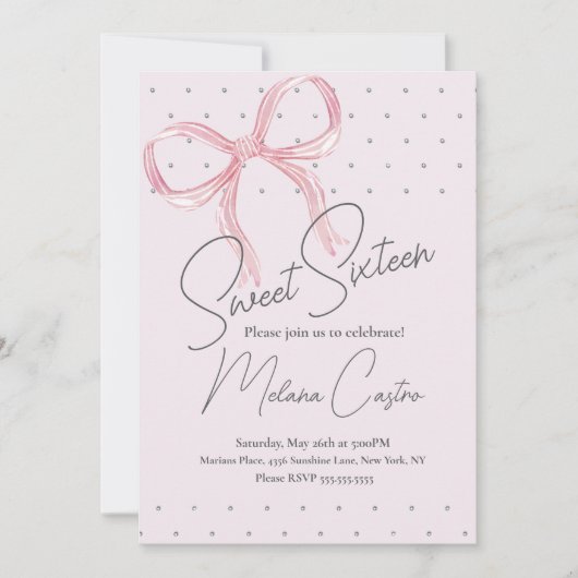 Invitation Coquette Filles Bow Rose Sweet 16 Anniversaire (Devant)