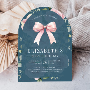 Invitation Coquette Fleur Rose Ruban Bleu Poussiéreux Premier