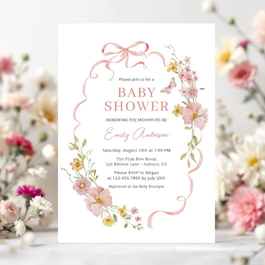Invitation Coquette Fleur sauvage  papillon Baby shower