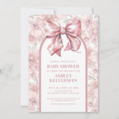 Invitation Coquette Fleurs Ruban Rose Fête de Naissance Bébé (Devant)