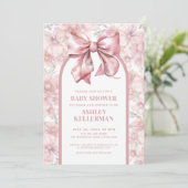 Invitation Coquette Fleurs Ruban Rose Fête de Naissance Bébé (Debout devant)