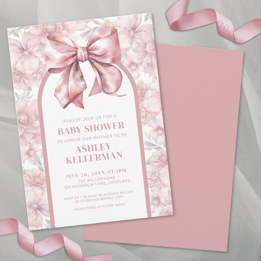 Invitation Coquette Fleurs Ruban Rose Fête de Naissance Bébé