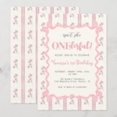 Invitation Coquette Floral Pink Bow Girl First Birthday (Devant / Derrière)