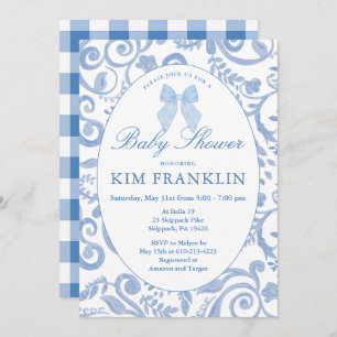 Invitation Coquette Florale Bow bleu En vichy Baby shower gar