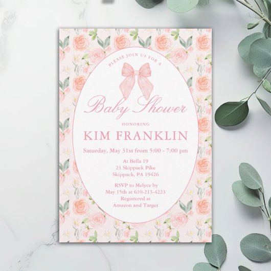 Invitation Coquette Florale Bow rose En vichy Baby shower fil
